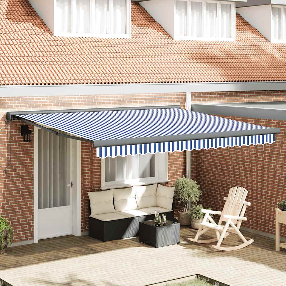 vidaXL Toldo retrátil 4x3 m tecido e alumínio azul e branco 1