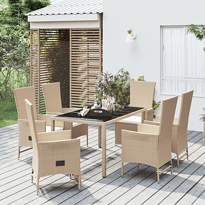 vidaXL 7 pcs conjunto de jantar p/ jardim com almofadões vime PE bege
