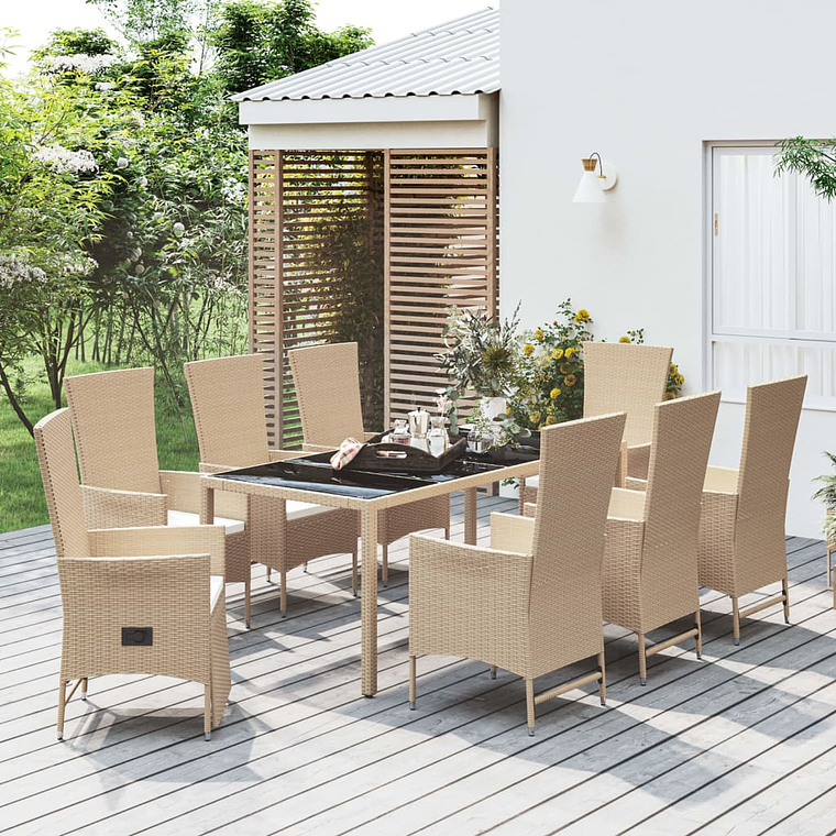 vidaXL 9 pcs conjunto de jantar p/ jardim com almofadões vime PE bege 1