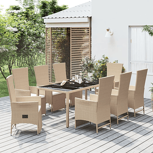 vidaXL 9 pcs conjunto de jantar p/ jardim com almofadões vime PE bege