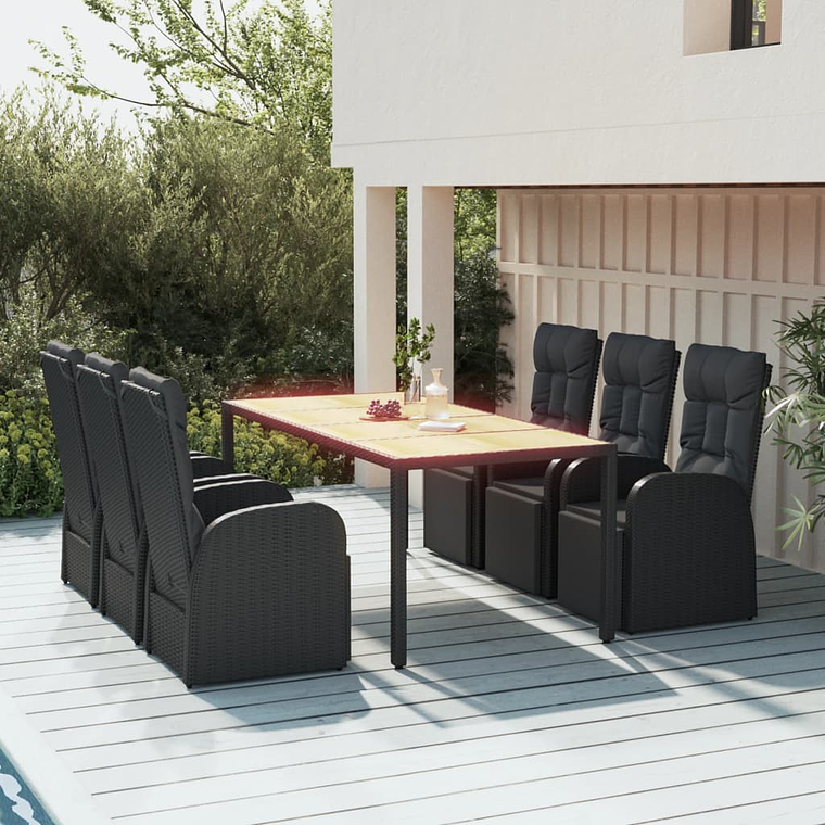 vidaXL 7 pcs conjunto de jantar p/ jardim vime PE/acácia maciça preto 1