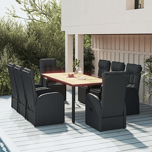 vidaXL 9 pcs conjunto de jantar p/ jardim vime PE/acácia maciça preto