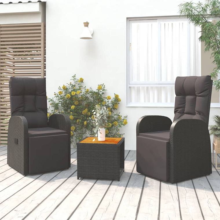 vidaXL 3 pcs conjunto lounge para jardim vime PE/acácia maciça preto 1