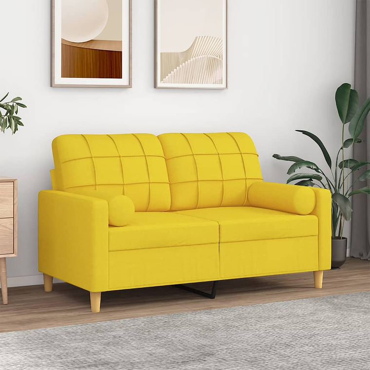 vidaXL Sofá 2 lug. + almofadas decorativas 120 cm tecido amarelo-claro 1