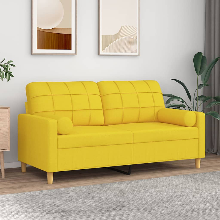 vidaXL Sofá 2 lug. + almofadas decorativas 140 cm tecido amarelo-claro 1