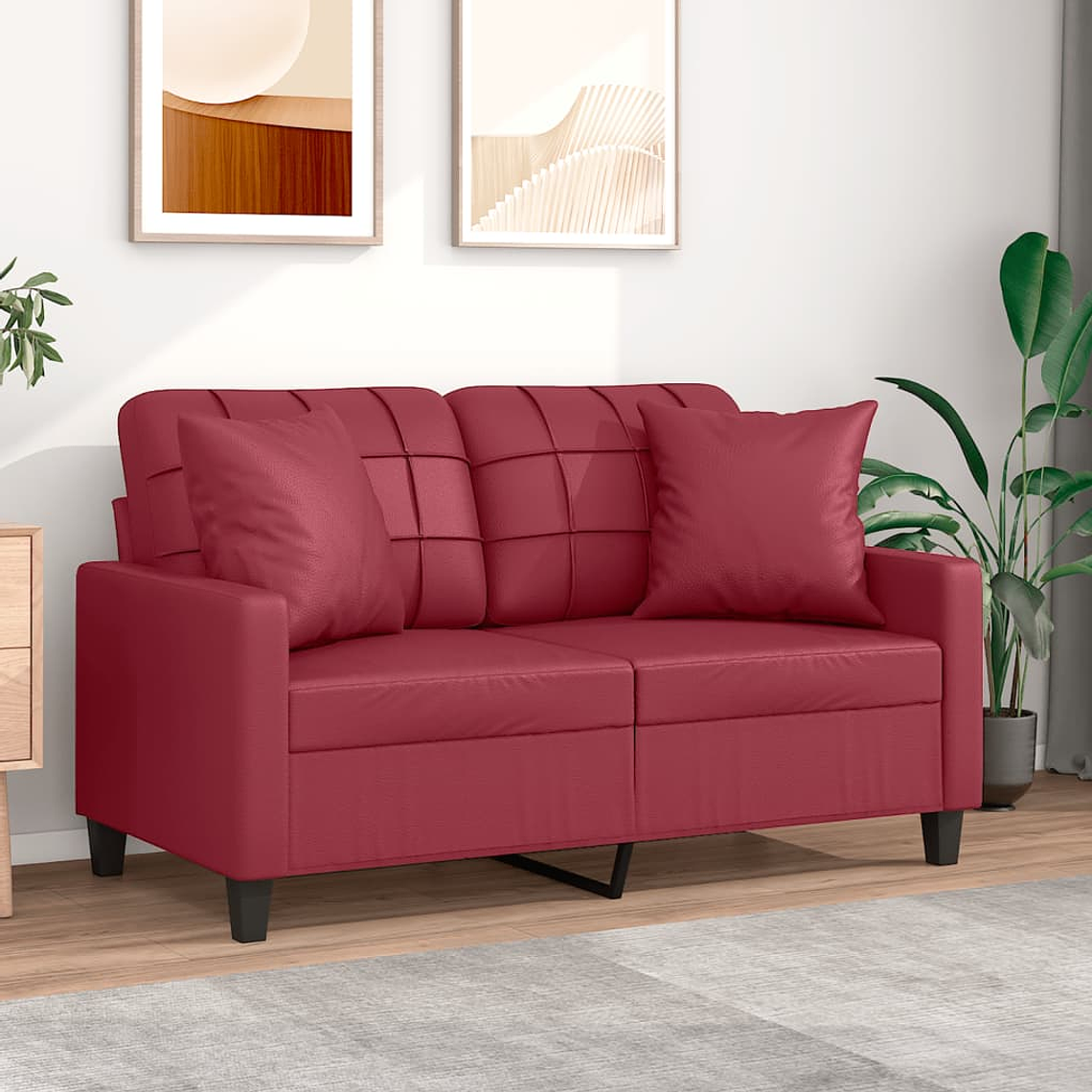 vidaXL Sofá 2 lugares +almofadas 120cm couro artificial vermelho tinto 1