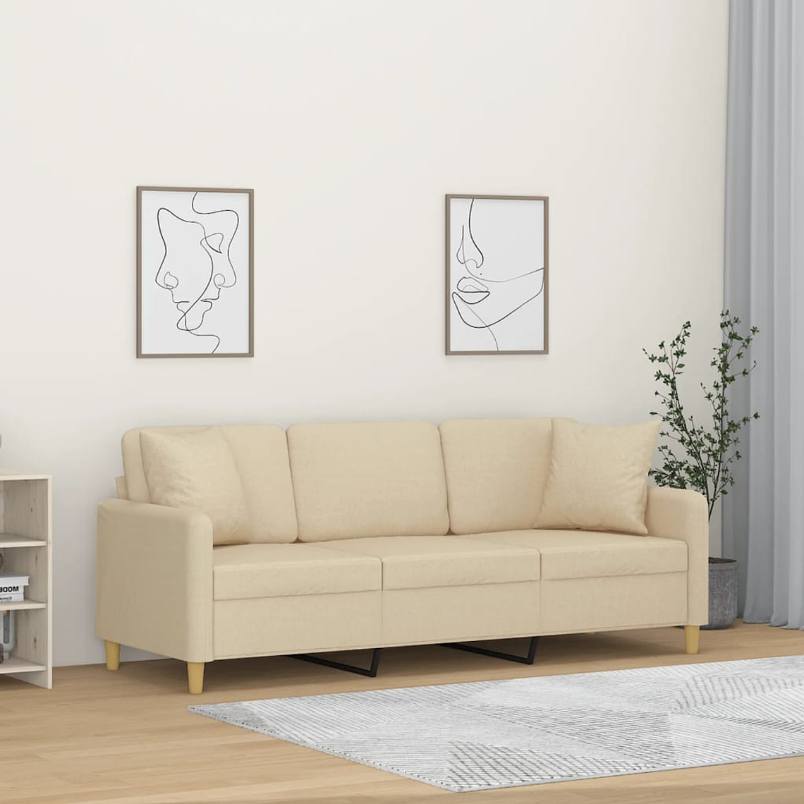 vidaXL Sofá 3 lugares + almofadas decorativas 180 cm tecido cor creme 1