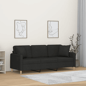 vidaXL Sofá 3 lugares + almofadas decorativas 180 cm tecido preto