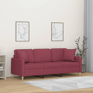 vidaXL Sofá 3 lug. + almofadas decorativas 180cm tecido vermelho tinto