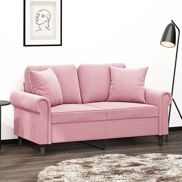 vidaXL Sofá 2 lug. c/ almofadas decorativas 120 cm veludo rosa 1