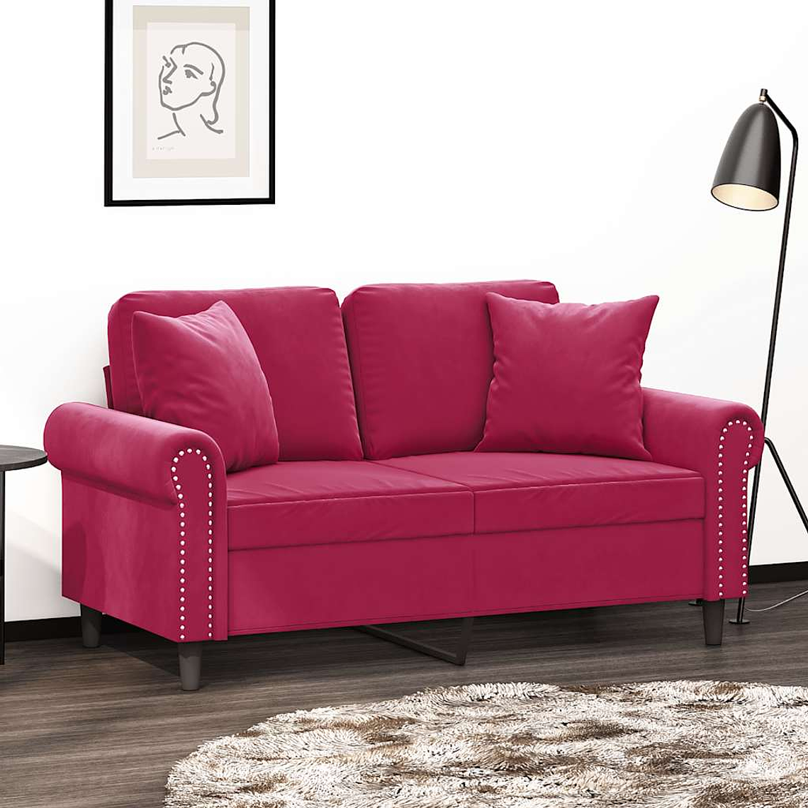vidaXL Sofá 2 lug. + almofadas decorativas 120cm veludo vermelho tinto 1