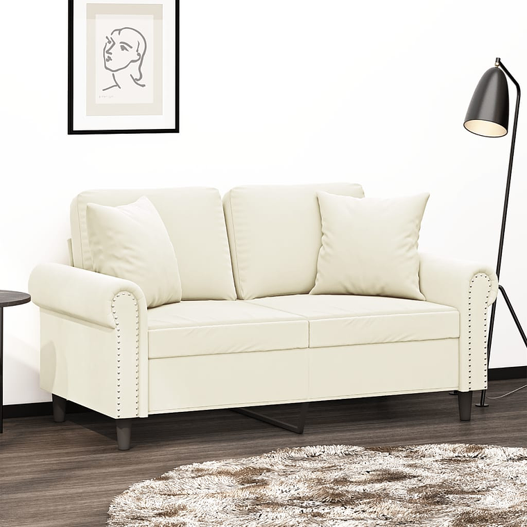 vidaXL Sofá 2 lugares c/ almofadas decorativas 120 cm veludo creme 1
