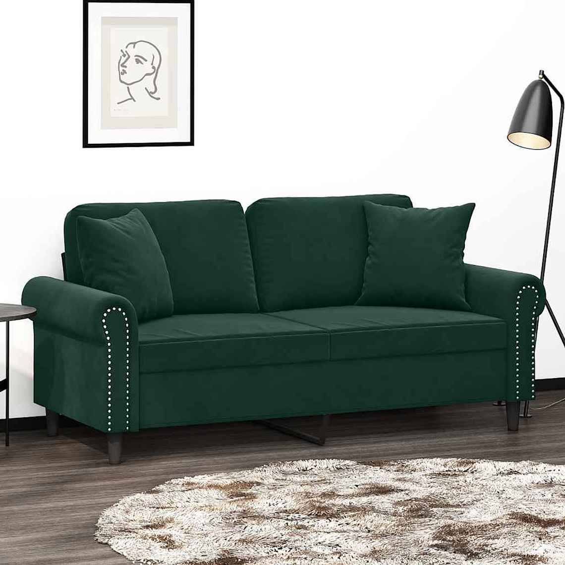 vidaXL Sofá 2 lug. c/ almofadas decorativas 140cm veludo verde-escuro 1
