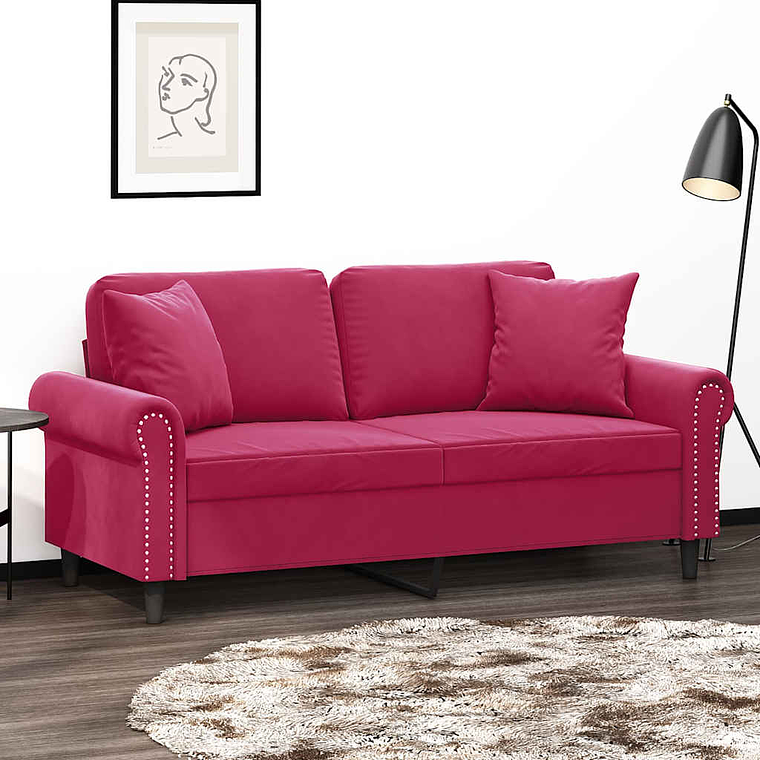 vidaXL Sofá 2 lug. + almofadas decorativas 140cm veludo vermelho tinto 1