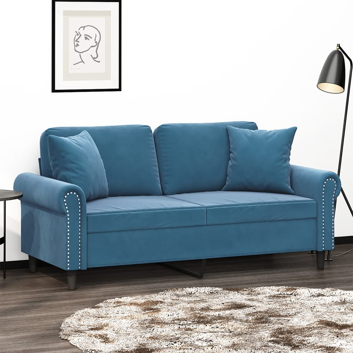 vidaXL Sofá 2 lugares c/ almofadas decorativas 140 cm veludo azul 1
