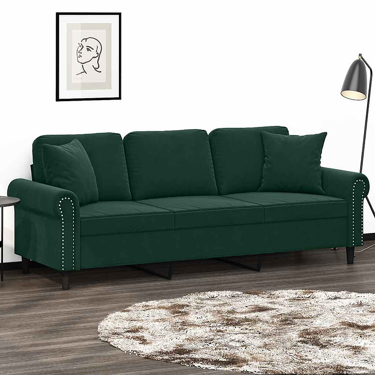 vidaXL Sofá 3 lug. c/ almofadas decorativas 180 cm veludo verde-escuro 1