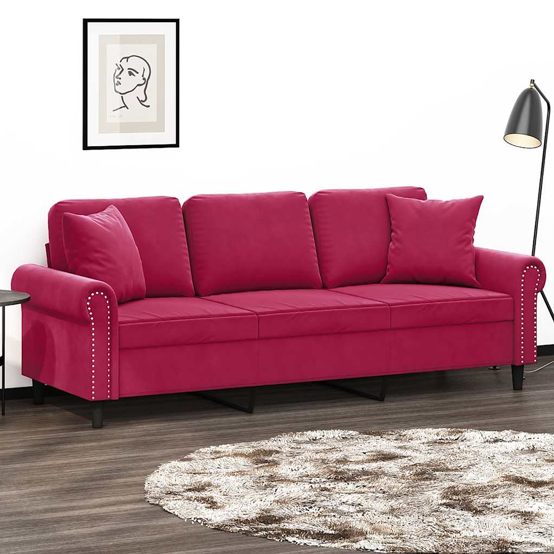 vidaXL Sofá 3 lug. + almofadas decorativas 180cm veludo vermelho tinto 1