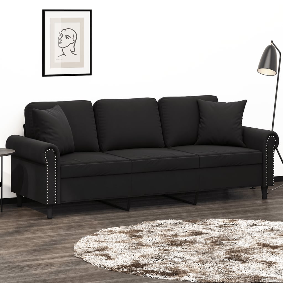 vidaXL Sofá 3 lugares c/ almofadas decorativas 180 cm veludo preto 1