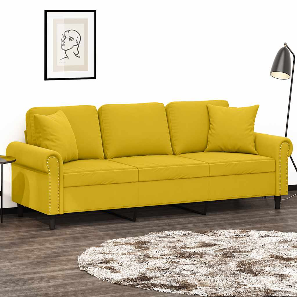 vidaXL Sofá 3 lugares c/ almofadas decorativas 180 cm veludo amarelo 1