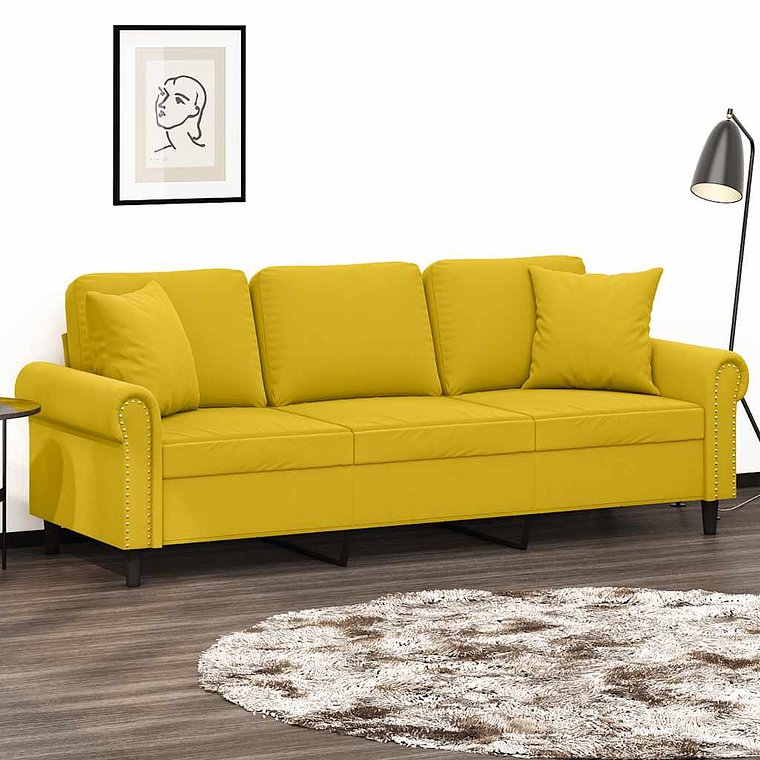 vidaXL Sofá 3 lugares c/ almofadas decorativas 180 cm veludo amarelo 1