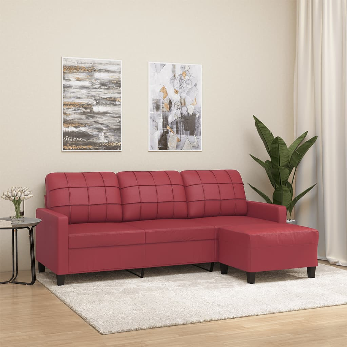 vidaXL Sofá 3 lugares c/ apoio pés 180 cm couro artif. vermelho tinto 1