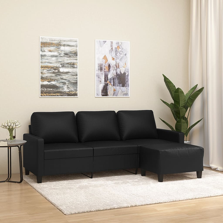 vidaXL Sofá de 3 lugares c/ apoio de pés 180 cm couro artificial preto 1