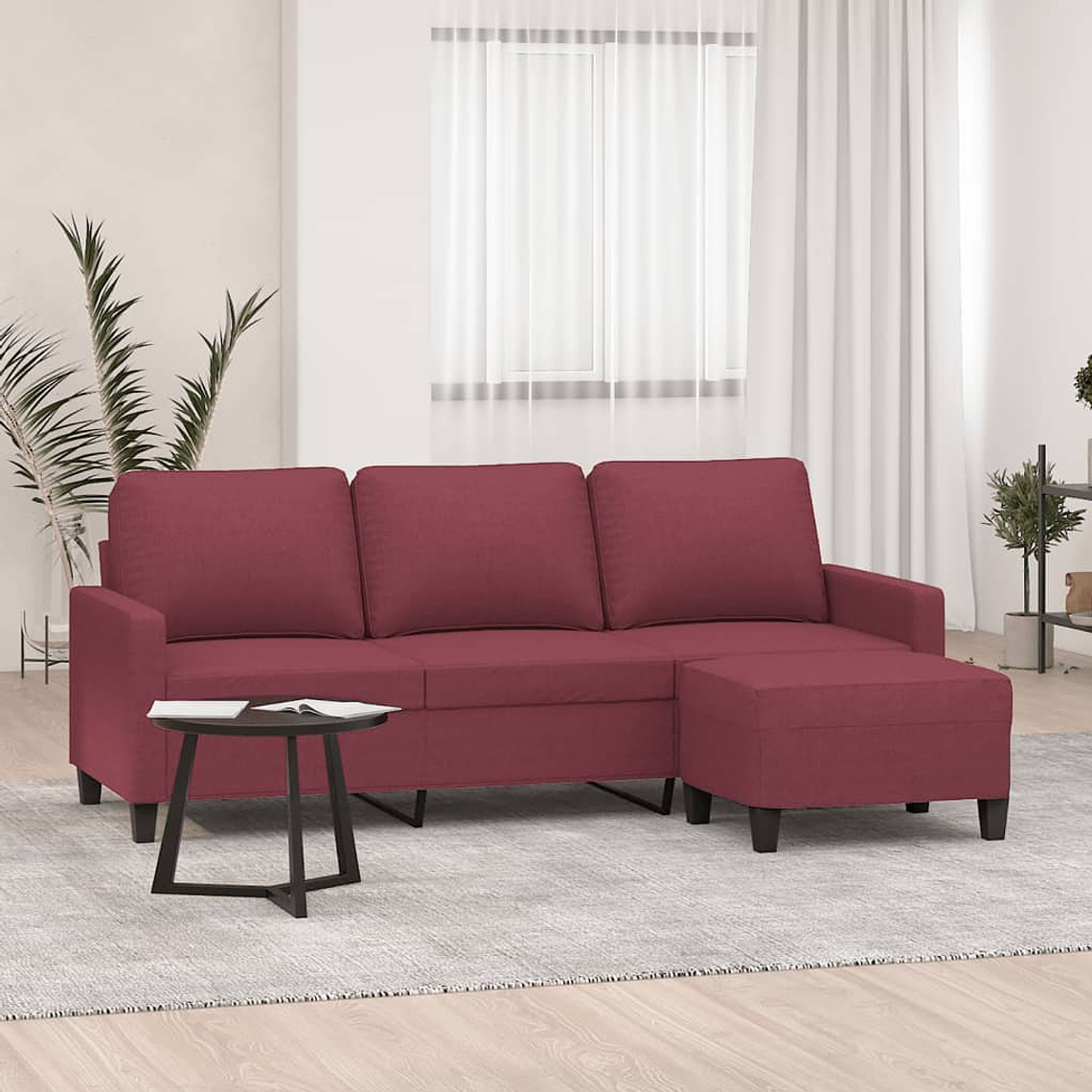 vidaXL Sofá de 3 lugares com apoio de pés 180 cm tecido vermelho tinto 1