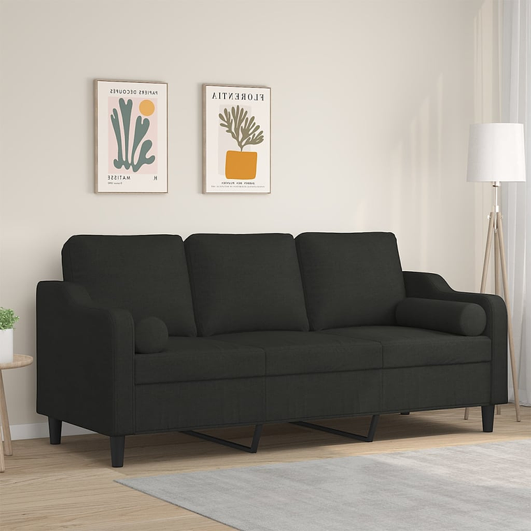 vidaXL Sofá 3 lugares + almofadas decorativas 180 cm tecido preto 1