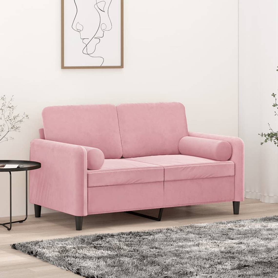 vidaXL Sofá 2 lug. c/ almofadas decorativas 120 cm veludo rosa 1