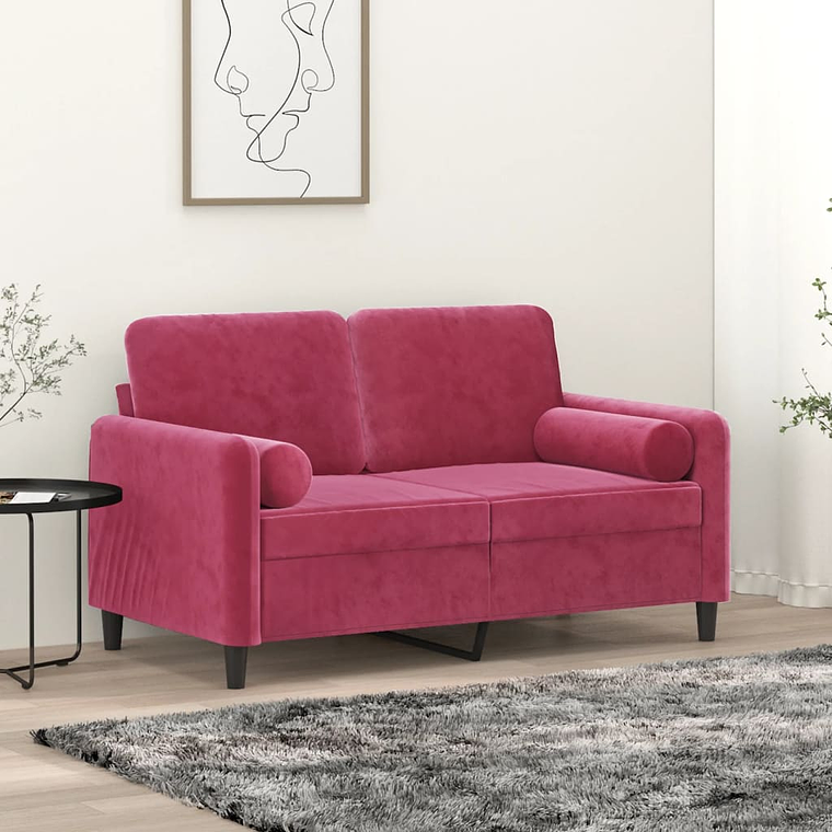 vidaXL Sofá 2 lug. + almofadas decorativas 120cm veludo vermelho tinto 1