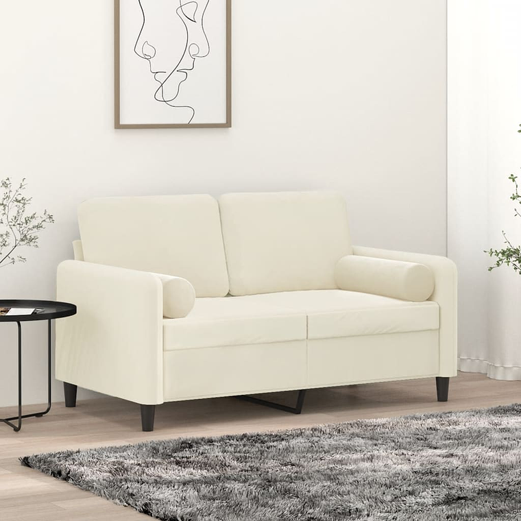 vidaXL Sofá 2 lugares c/ almofadas decorativas 120 cm veludo creme 1
