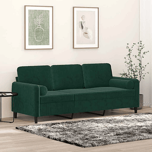 vidaXL Sofá 3 lug. c/ almofadas decorativas 180 cm veludo verde-escuro