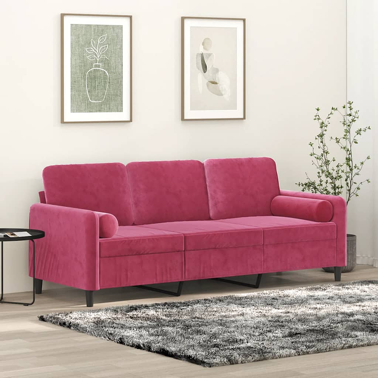 vidaXL Sofá 3 lug. + almofadas decorativas 180cm veludo vermelho tinto 1
