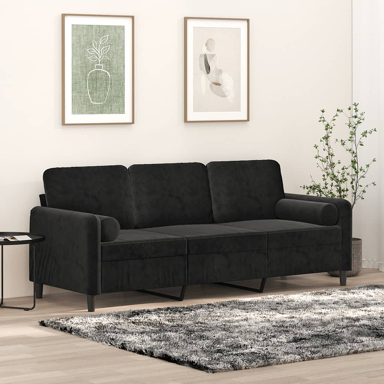 vidaXL Sofá 3 lugares c/ almofadas decorativas 180 cm veludo preto 1