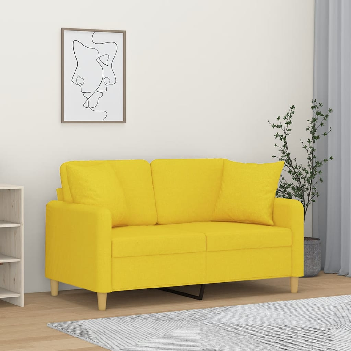 vidaXL Sofá 2 lug. + almofadas decorativas 120 cm tecido amarelo-claro 1