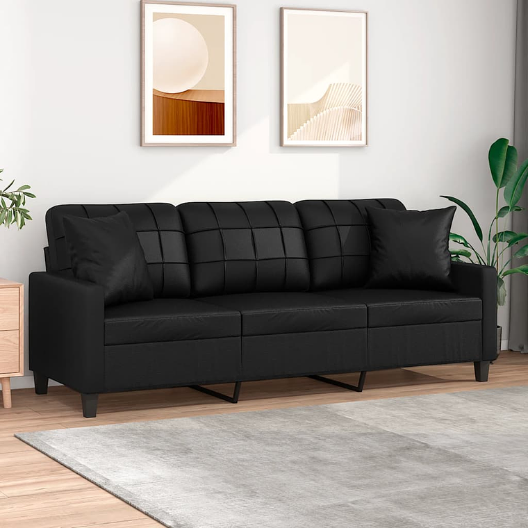 vidaXL Sofá 3 lugares + almofadas decoração 180 cm couro artif. preto 1