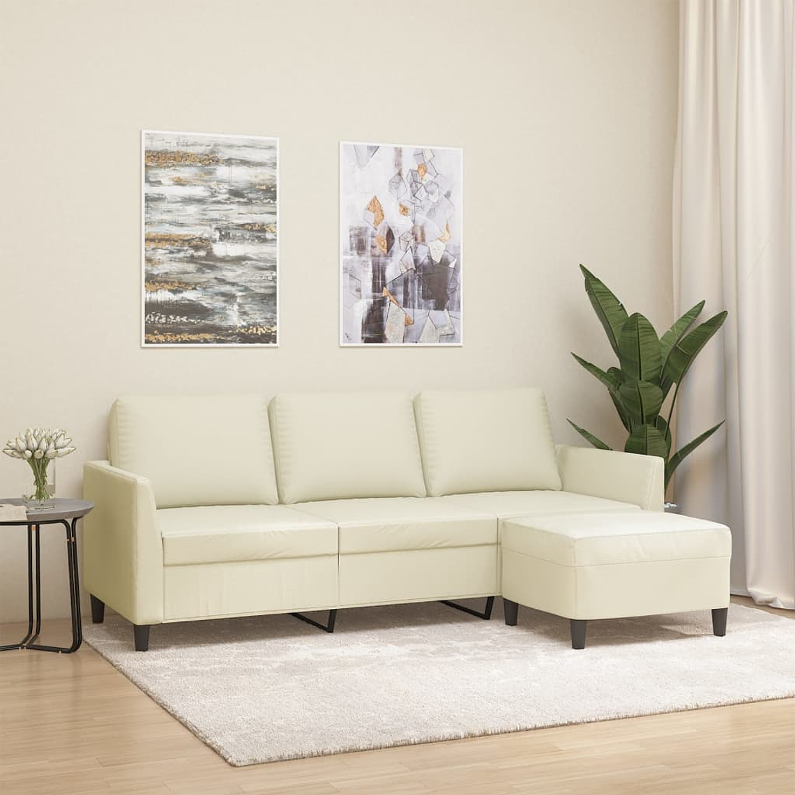 vidaXL Sofá 3 lugares c/ apoio pés 180 cm couro artificial cor creme 1