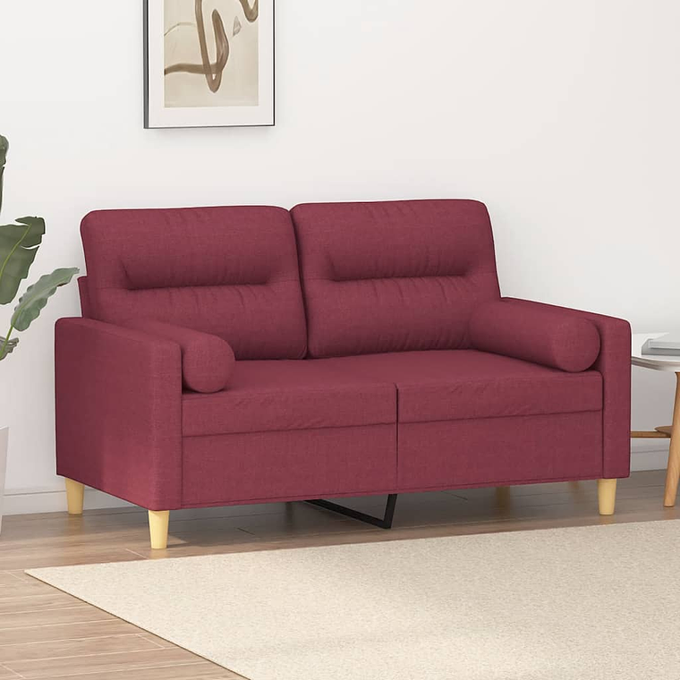 vidaXL Sofá 2 lug. + almofadas decorativas 120cm tecido vermelho tinto 1
