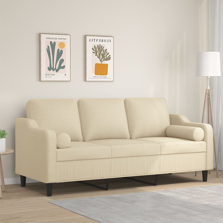 vidaXL Sofá 3 lugares + almofadas decorativas 180 cm tecido cor creme 1