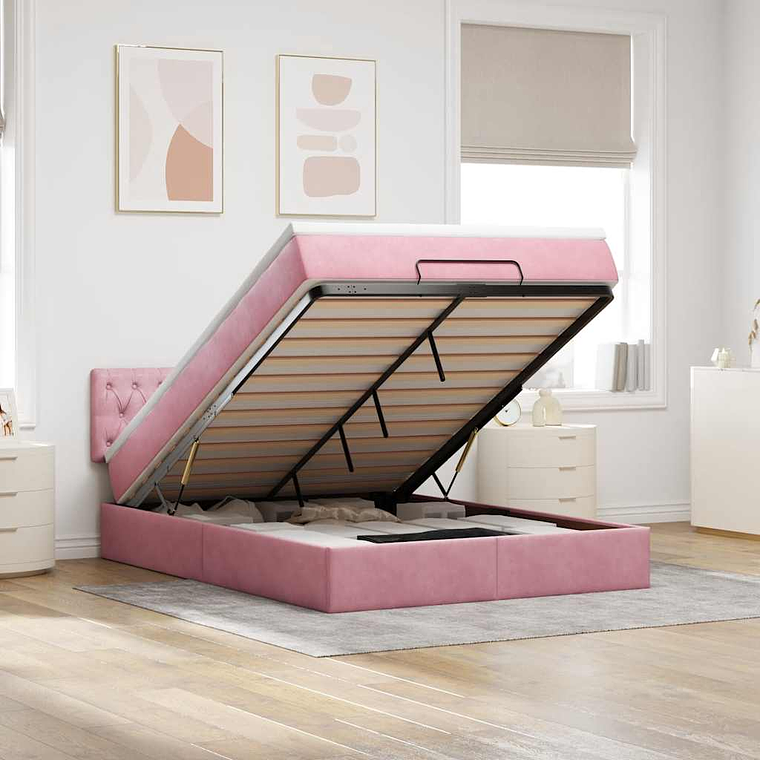 vidaXL Estrutura de cama otomana com colchão 140x190 cm veludo rosa 1