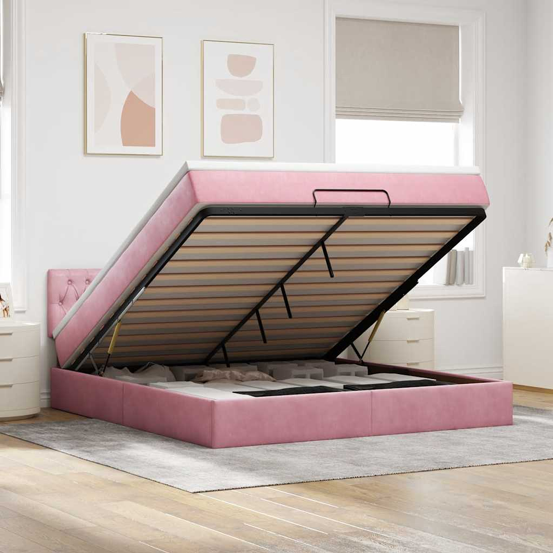vidaXL Estrutura de cama otomana com colchão 160x200 cm veludo rosa 1