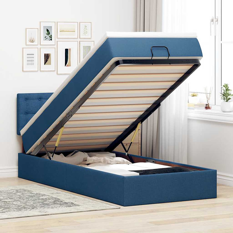vidaXL Cama Otomana com Colchão & LEDs Tecido Azul 100x200 cm 1