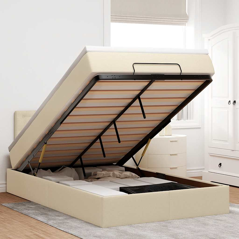 vidaXL Cama Otomana com colchão & LEDs 120x190cm tecido creme 1