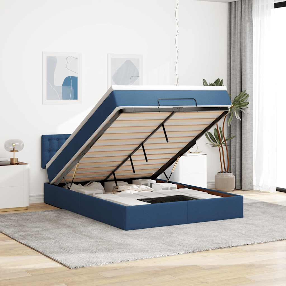 vidaXL Estrutura de cama otomana com colchão tecido azul 140x200cm 1