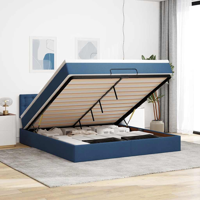 vidaXL Cama Otomana com colchão & LEDs 180x200cm tecido azul 1