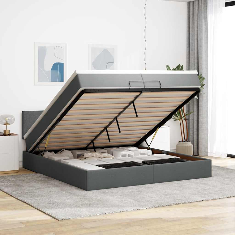 vidaXL Estrutura de cama otomana com colchões tecido cinzento escuro 1