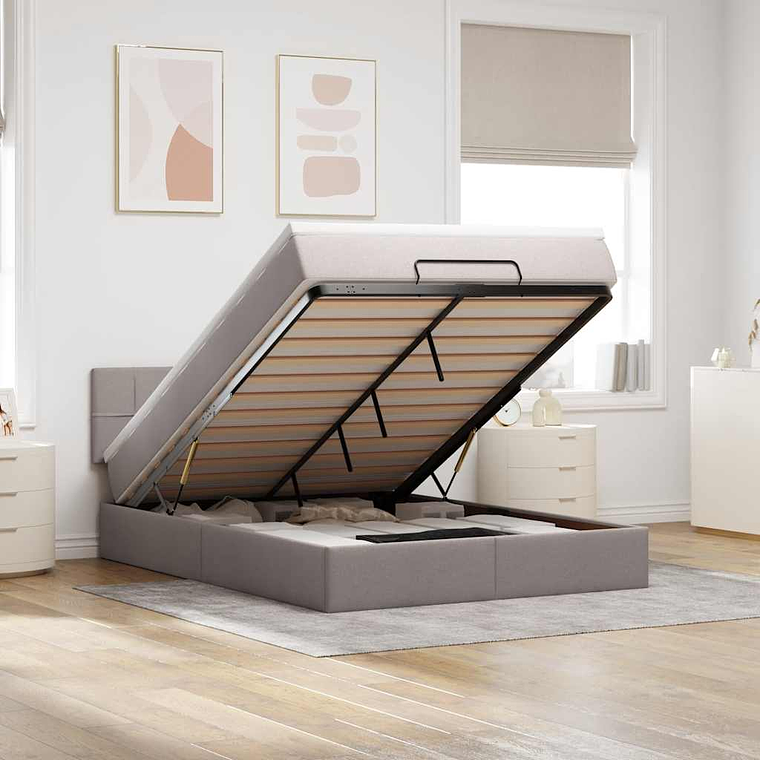 vidaXL Cama Otomana com Colchão & LEDs Taupe 140x200 cm Tecido 1