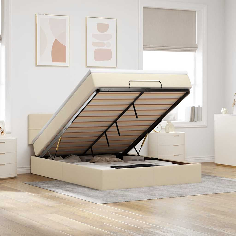 vidaXL Cama Otomana com Colchão & LEDs Creme 140x200 cm Tecido 1
