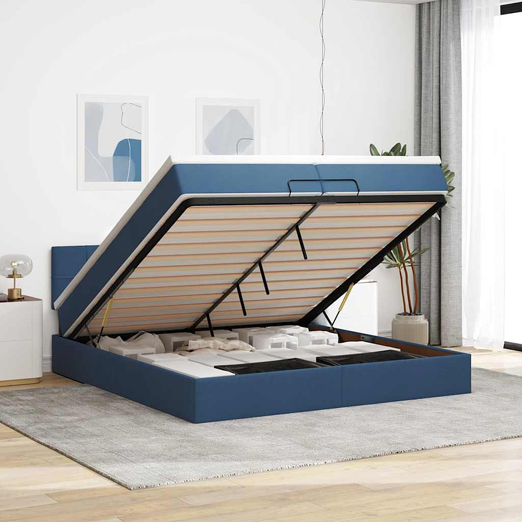 vidaXL Estrutura de cama otomana com colchões 200x200cm tecido azul 1