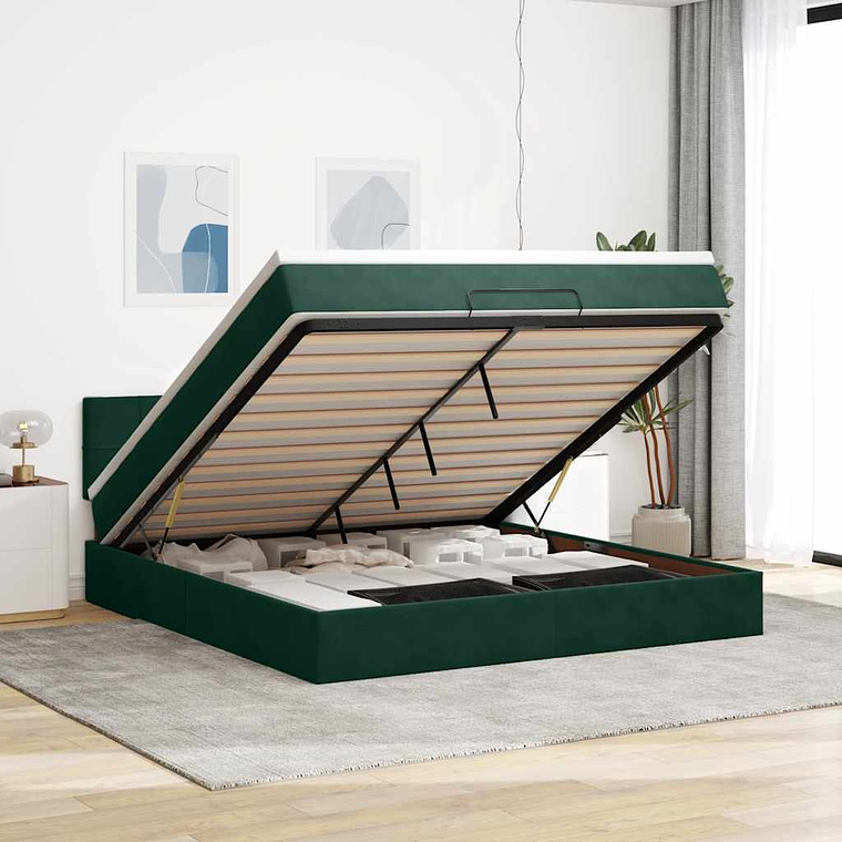 vidaXL Estrutura de cama otomana com colchão 180x200 cm verde escuro 1